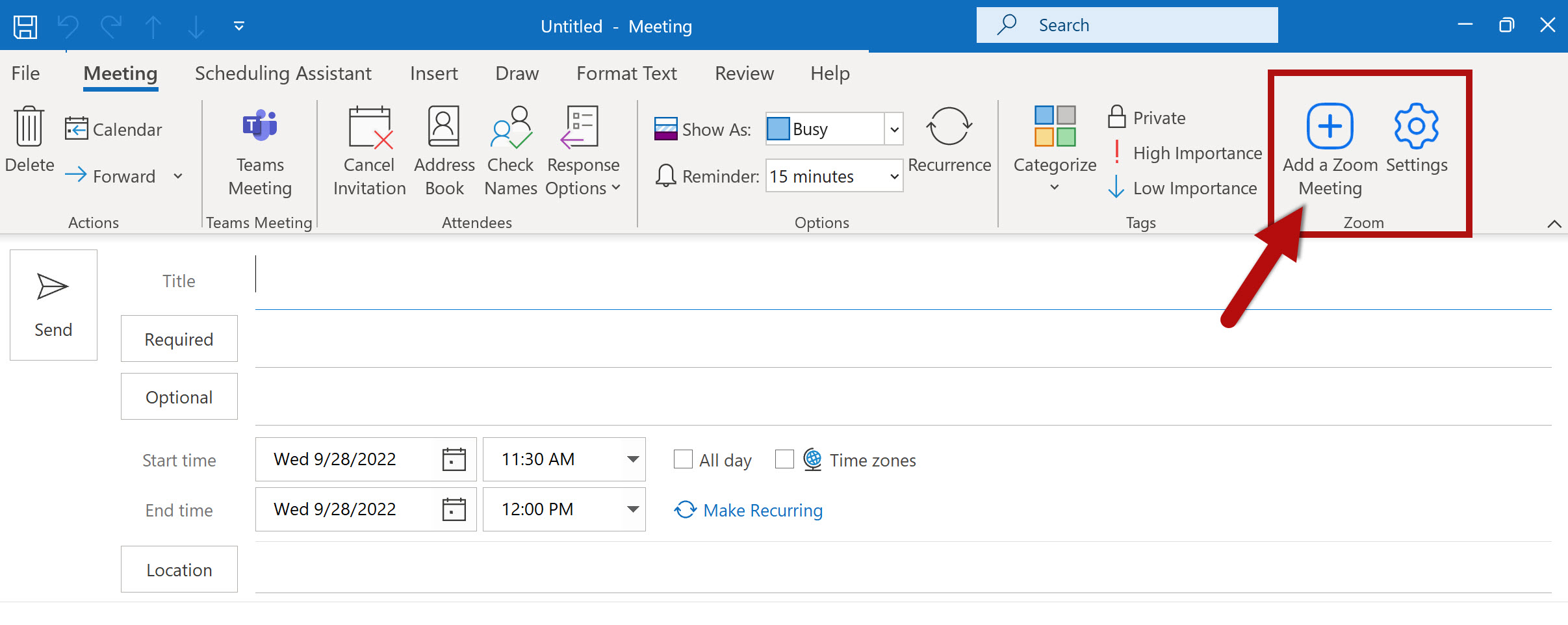 Red arrow points at the option to select Add a Zoom Meeting in Outlook