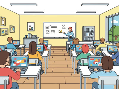 Cartoon classroom with instructor teaching at the front and students sitting with laptops listening