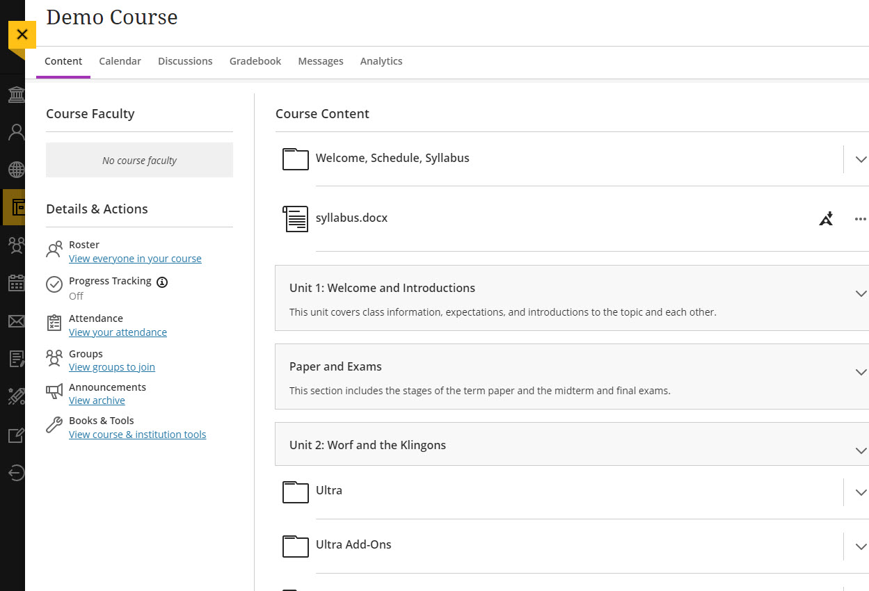 screenshot of blackboard ultra course view