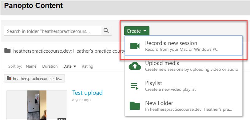 Panopto Content window with create menu showing record a new session selection