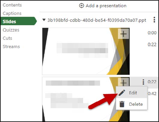 On the left side menu, "Slides" is selected. A thumbnail of a slide is shown with three vertical dots sitting to the right of the thumbnail, which have been selected in order to view the Edit and Delete buttons.