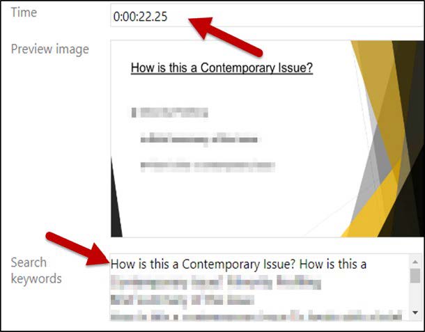 A slide is visible in the center of the window. Two arrows point to the "time" box at the top and the "search keywords" box at the bottom.