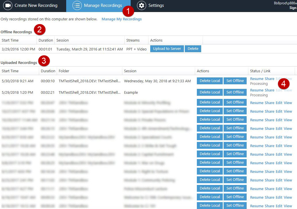 Tabs across top read: Create New recording, Manage Recordings, and Settings. Manage Recordings is selected. Numbers 1 through 4 draw our attention to: 1. The Manage New recordings tab 2. Offline Recordings list 3. Uploaded Recordings list 4. The Status/Link field to the right of the recordings list.