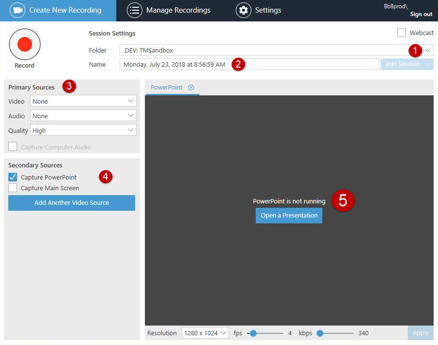 Locations on screen capture are numbered 1 through 5. 1. The folder dropdown menu 2. Recording name box 3. Primary sources box which includes dropdown menus for video, audio, and quality. 4. Secondary Sources box with boxes to select Powerpoint and/or Main Screen 5. Blank recording window with blue button in center which says "Open a Presentation."