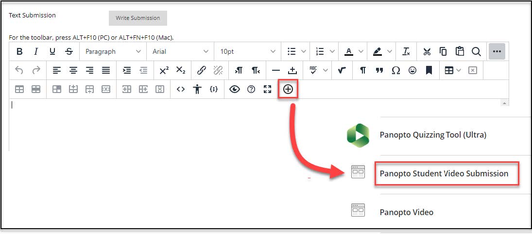 Blackboard Original conent editor. Plus sign is circled with an arrow leading to Panopto Student Video Submisson on the next menu