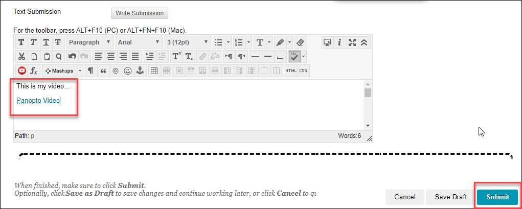 blackboard assignment submission window showing video link in text editor