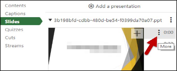 On the left side menu, "Slides" is green and selected. A thumbnail of a slide is shown with an arrow pointing to three vertical dots sitting to the right of the thumbnail.