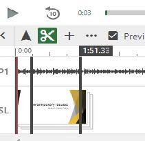 Editing timeline showing two vertical lines used to cut, and a large, arrow pointing to the line on the right.