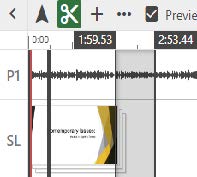 Editing timeline with an arrow pointing to a greyed out cut.