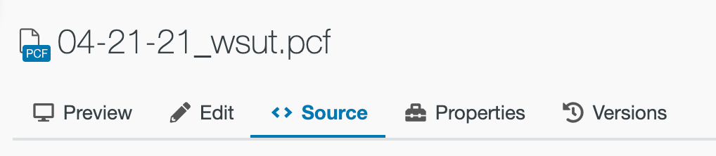 Screenshot showing the location of the <>source tab in the center of the menu tabs at the top left of the screen. The tabs are comprised of, from left to right, Preview, Edit, <> Source, Propertties, and Versions. 