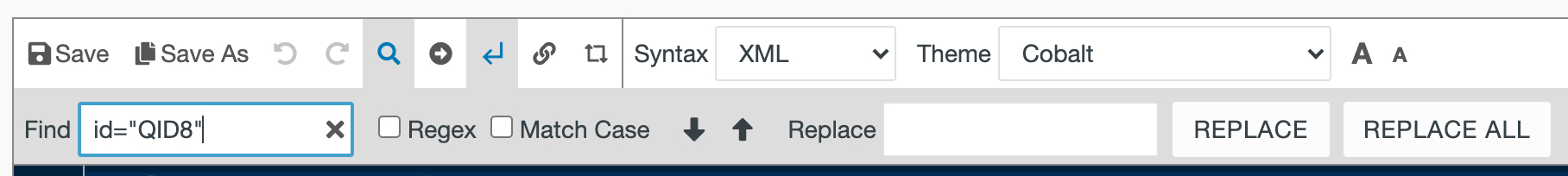 Screenshot of the Find/Replace menu bar. The Find/Replacee magnifying glass icon button is selected, and id="QID8" is entered in the Find field. 