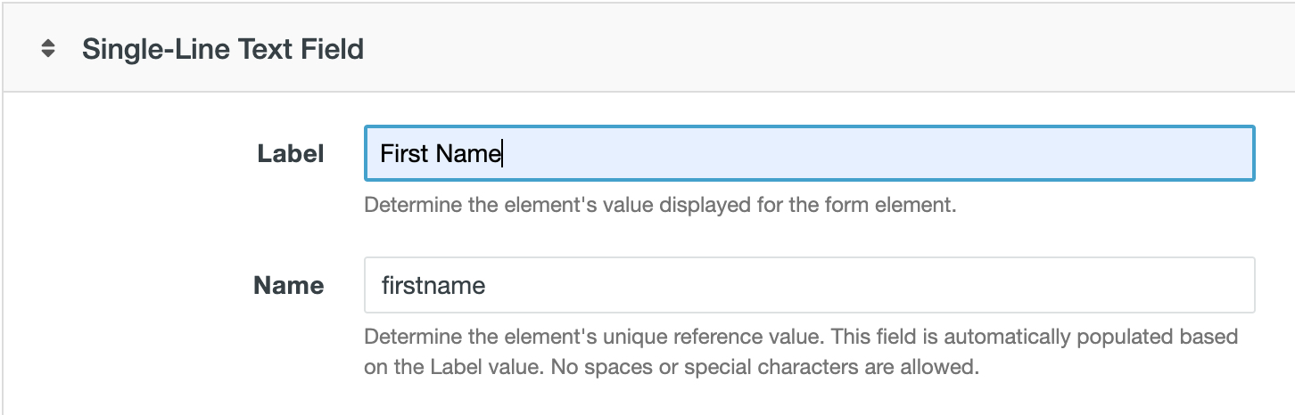 Same screenshot of "First Name" form field element as before, only now the Name field has been populated with "firstname."