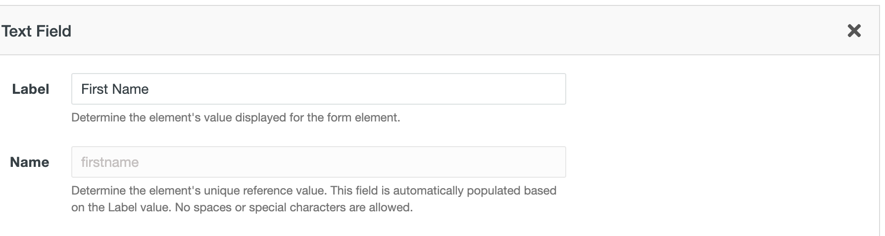 Screenshot of selected portion of form element used to show position of the X symbol in the element box. It is at the upper right. 