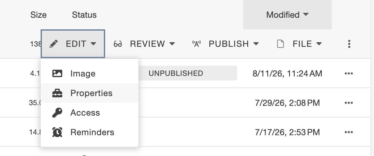 Showing the Properties tab in the Edit menu in Pages View More Actions options.