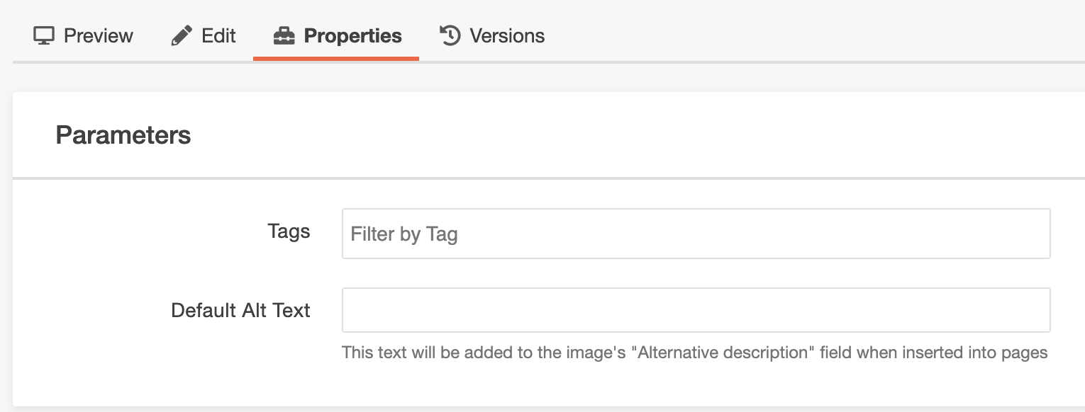 The Default ALT-Text field inside the Properties options menu.