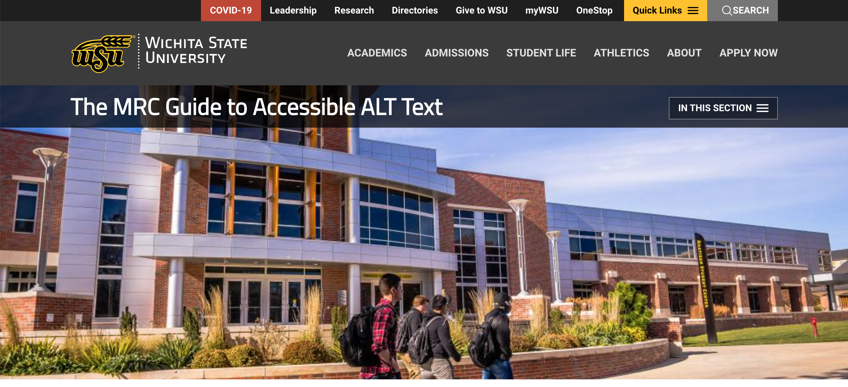 Example screenshot of the default banner image that appears on all new WSU website webpages upon creation. the image itself features four students walking in front of Rhatigan Student Center during the day.  