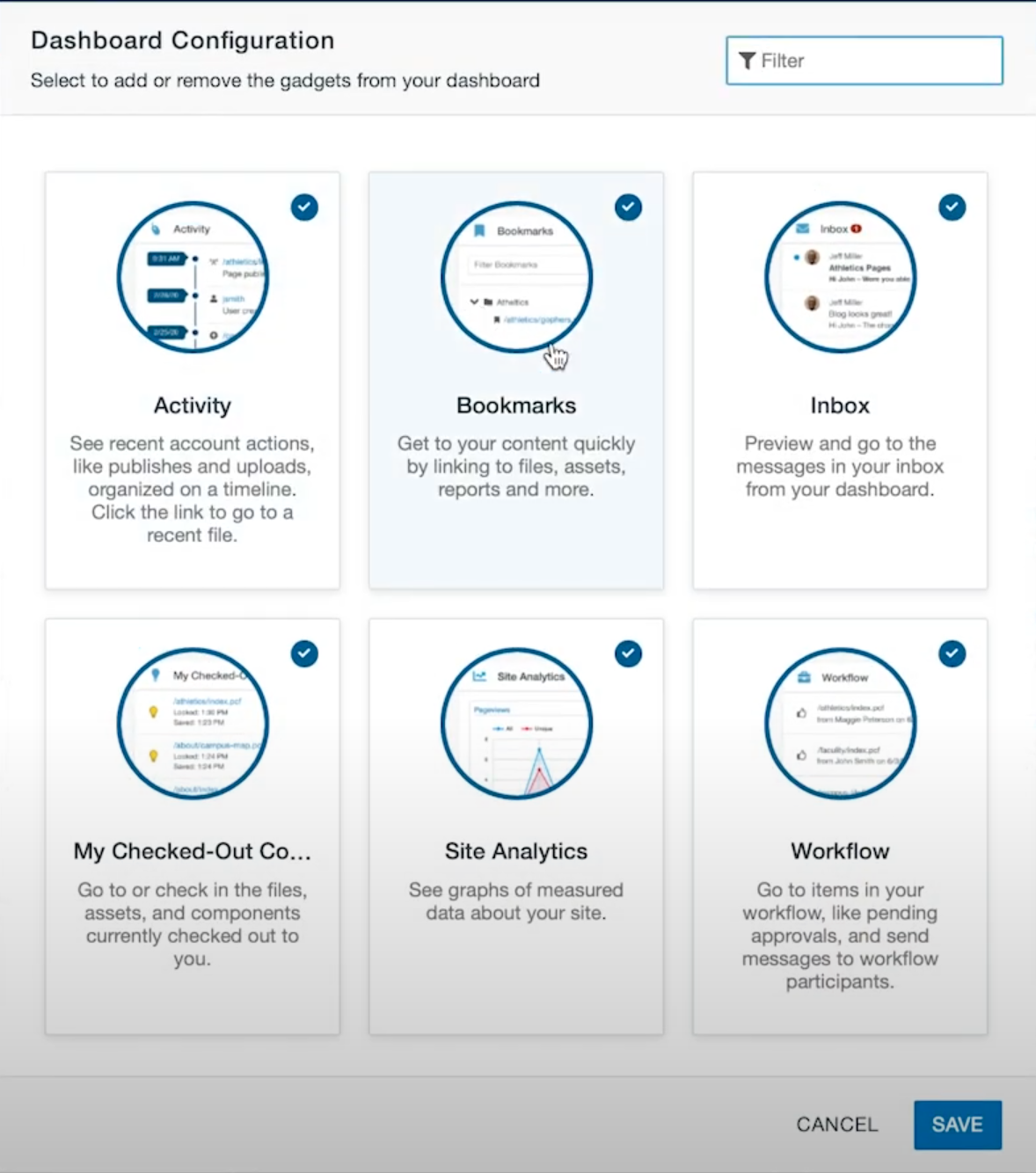 Screenshot of the Configure Dashboard Gadgets box. 