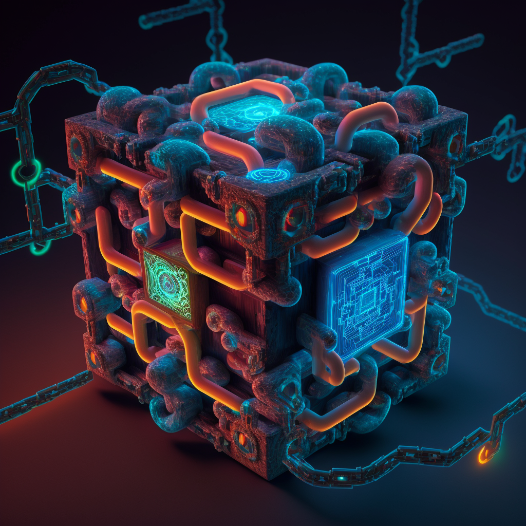 A visualization of an AI system that looks like a cube of electronics, neon, and tubes.