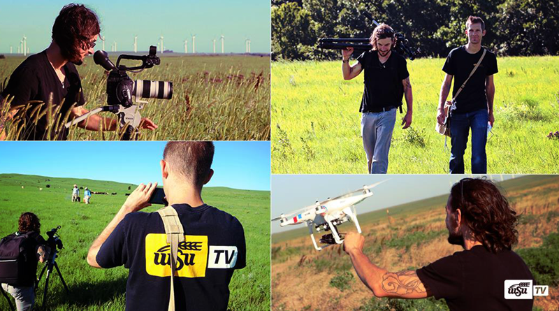Photo montage of students shooting on location footage and photos in the prairie. 