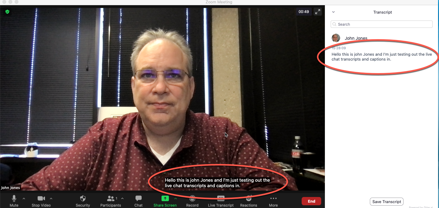A screenshot of a zoom session with the captions and trascript display circled.