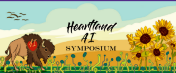 Logo for "Heartland AI Symposium" in a node-like green field with a bison and sunflowers and birds above
