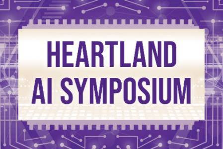 Heartland AI Symposium on a purple background that looks like a network of nodes
