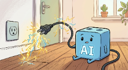 AI generated cartoon of an AI unplugged from the wall with arcing electricity