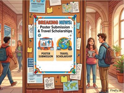 AI-generated cartoon of a student union with poster announcing breaking news
