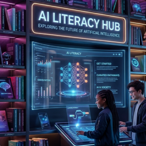 Futuristic image of smiling people accessing the AI Literacy Hub embedded in a bookshelf