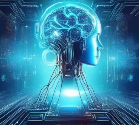 Futuristic humanoid head plugged into a motherboard in a computational room