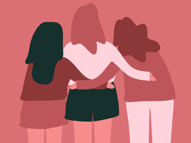 women's history month: illustration of 3 women hugging