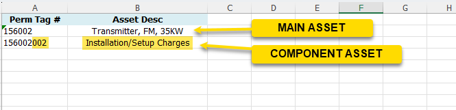 Image of spreadsheet indicating main and component assets