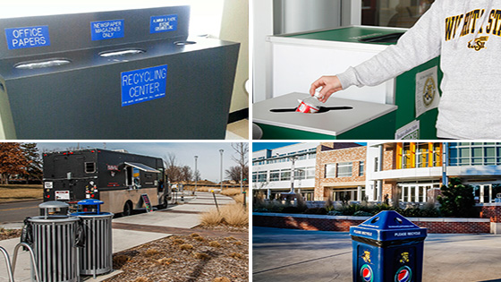 Indoor and outdoor recycling bins across campus