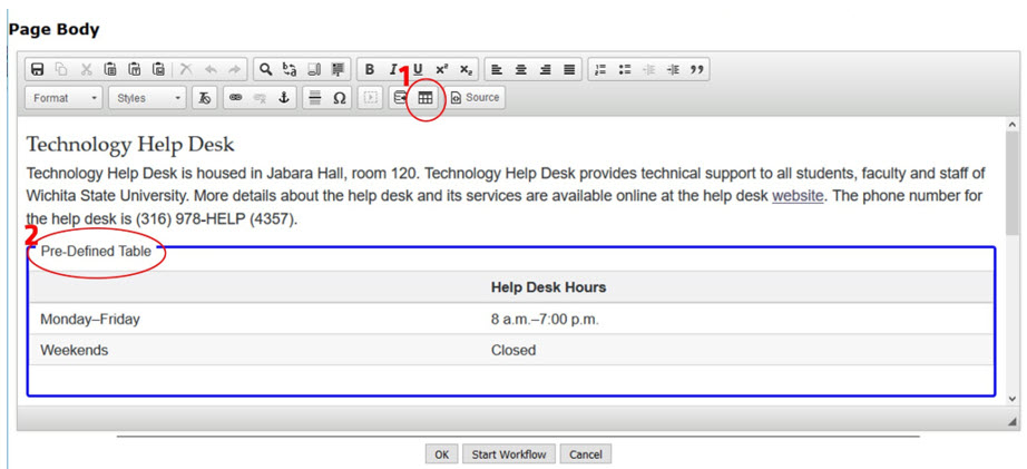 A computer image showing the Page Body window with its toolbar and a blue box around a table.