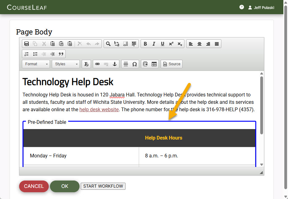 Screenshot identifying table on a Page