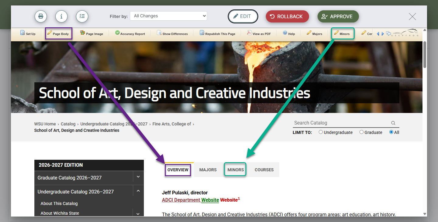 Screenshot pointing to Pencil Icons and corresponding Tabs on page