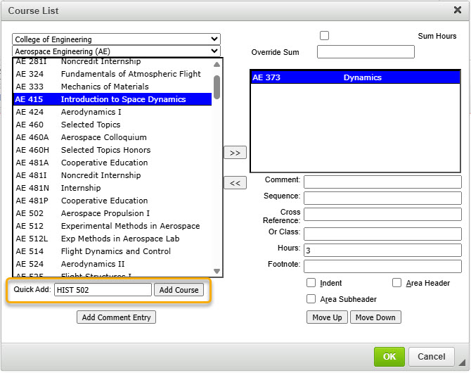 Screenshot of adding course with Quick Add