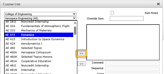 Screenshot of adding course to table with right arrows