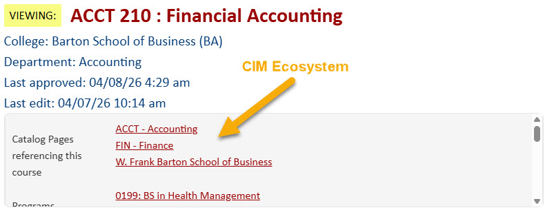 Screenshot identifying CIM Ecosystem on a course