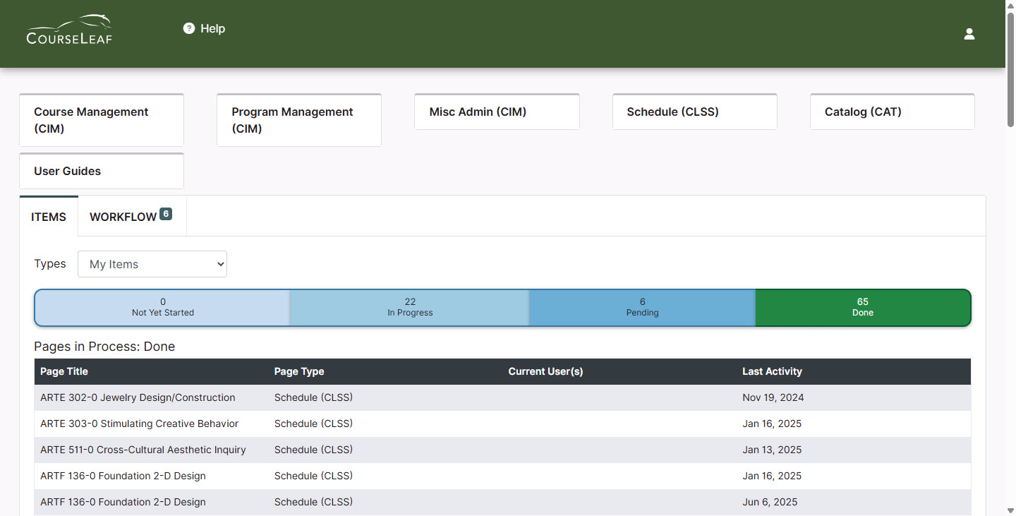 Screenshot of the Dashboard