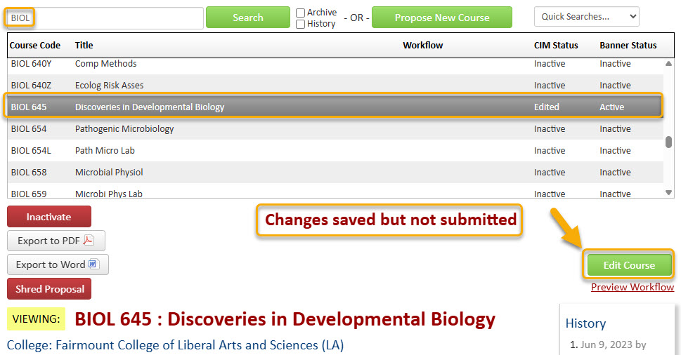 Screenshot of what it looks like when a proposal is saved but not submitted to workflow