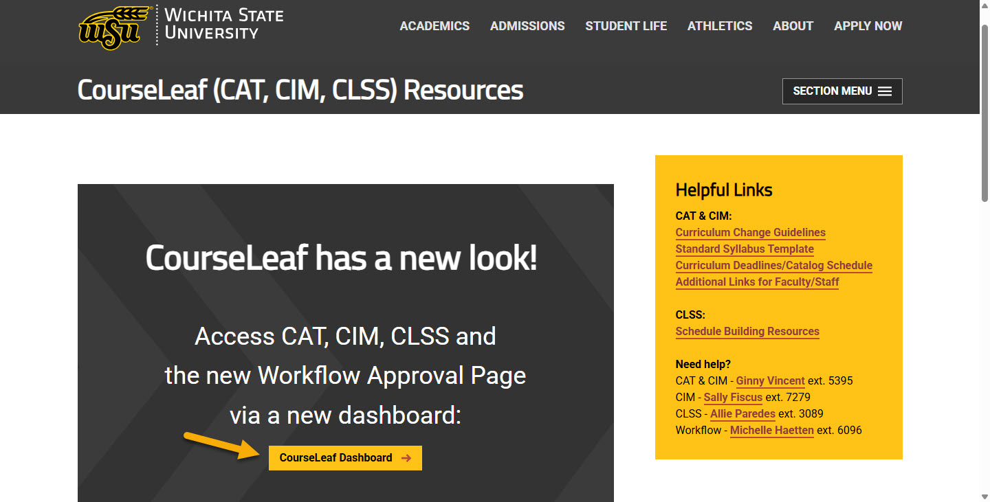 Screenshot of CourseLeaf Resources webpage