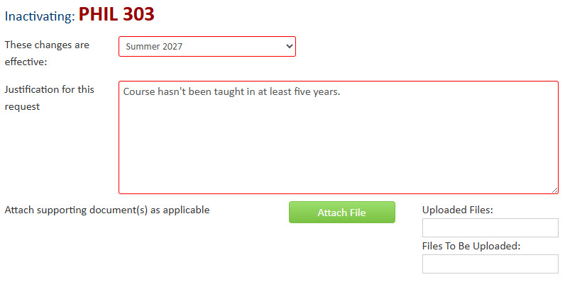 Screenshot of the course inactivation proposal form