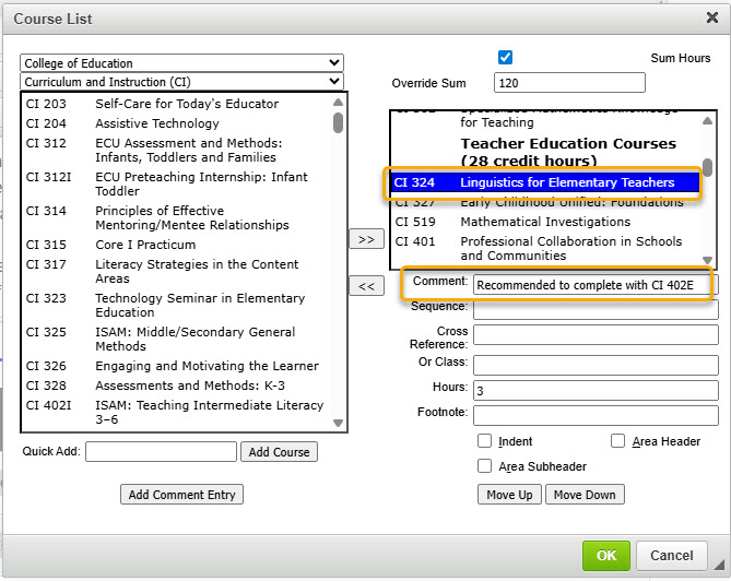 Screenshot of adding a comment to a course in table