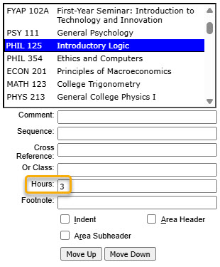 Screenshot of Hours highlighted on course list