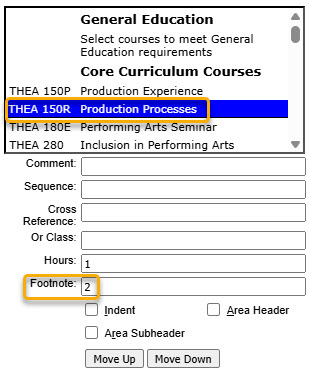 Screenshot of adding footnote to course in table