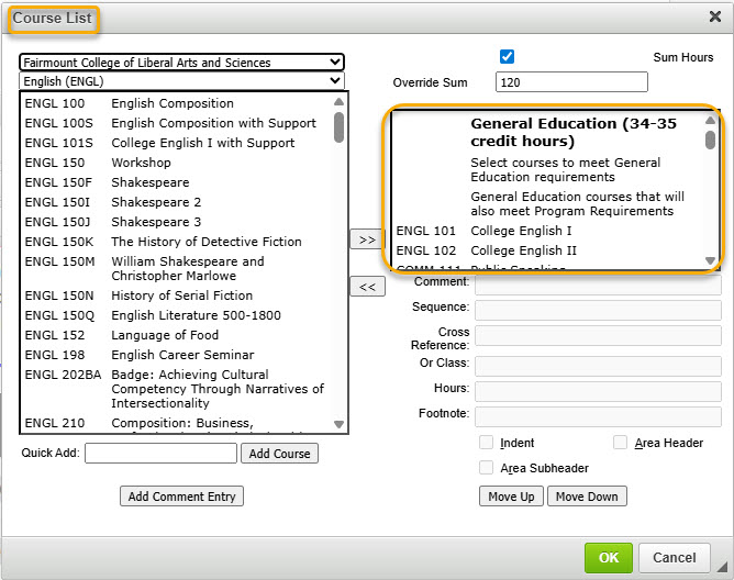 Screenshot of Course List Editor with courses already listed in right-hand box