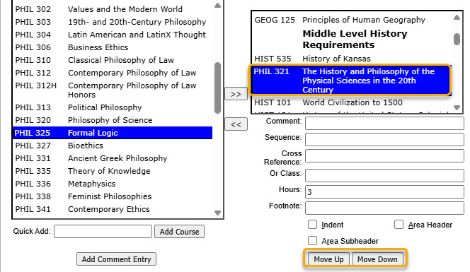 Screenshot of added course to table and Move Up and Move Down buttons