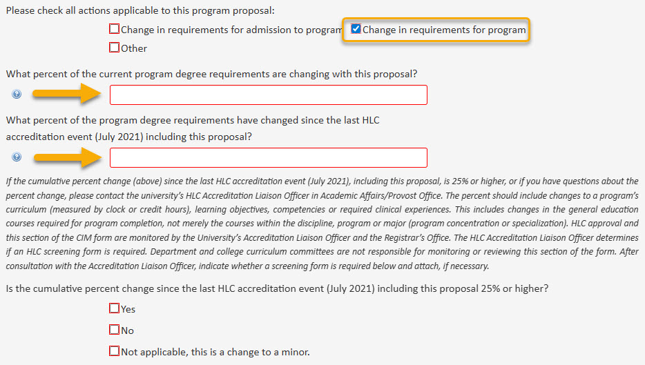 Screenshot of additional questions when Change in Requirements for Program is selected