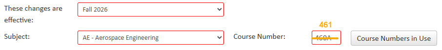 Screenshot of course number crossed out and new number added